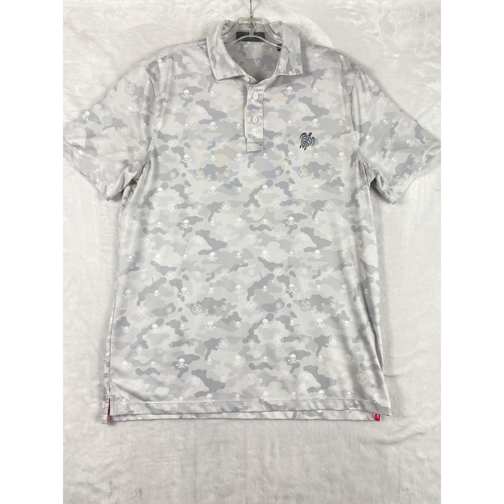 G/FORE Golf Polo Top Men Sz M Gray All Over Skull Print Short Sleeve Performance